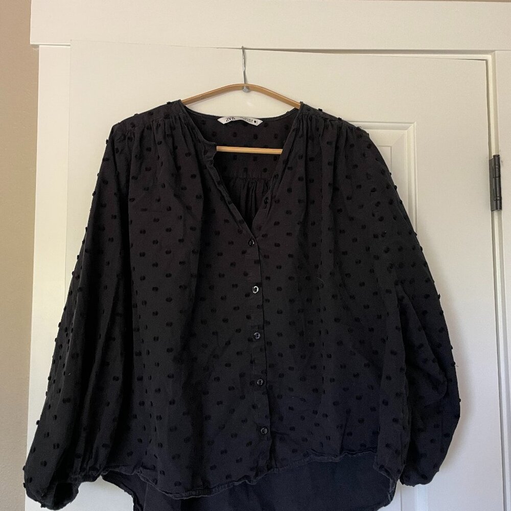 Zara Black Blouse with Dotted Details and Puff Sleeves